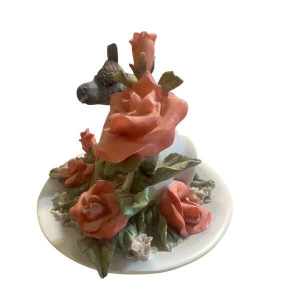 Vintage Teacup Birds Roses Figurine Resin Young Inc 6" across 5.5" Tall - Picture 2 of 3